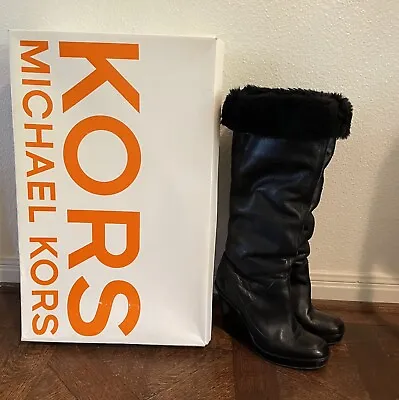 Michael Kors Altitude Tall Knee High Black Leather Wedge Boots Sz 9 • $48.99