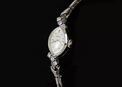 Lady Hamilton Diamond Watch Mid-Century 14K White Gold 6 Scintillating Diamonds • $400