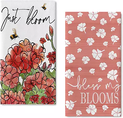 Seliem Spring Summer Floral Flower Kitchen Dish Towels Set Of 2 Red Geranium My • $13.46
