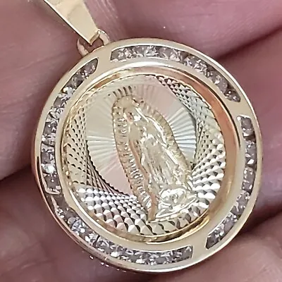 Real 14k Gold  Virgin Mary  Guadalupe Pendant Diamond Cut 1.15 Inch Long Round • $141.29