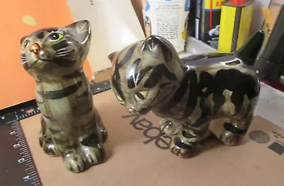 2 Vintage Mann Cat Kitten Ceramic Brown Black Striped Tabby Figurines • $29.99
