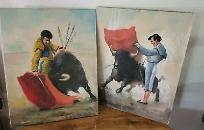 Two Vint. Spanish Bullfighter Oil On Canvas Picture Painting Signed ~Napoli Tamo • $98