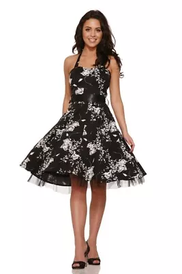 H&R London Flower Pinup Swing Rockabilly Floral Roses Black Halter Dress 0211 • $39.99