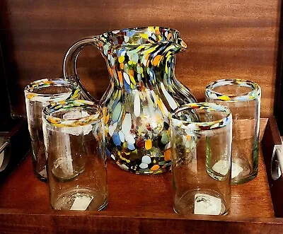 Hand Blown Mexican Glass Pitcher And Set Of 4 Tumblers Confetti - Sangria! • $65.25