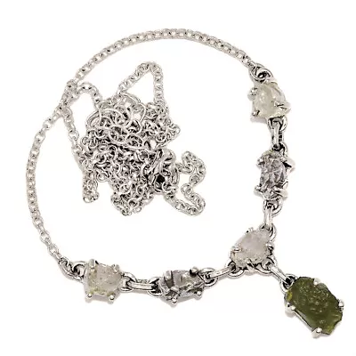 Natural Genuine Czech Moldavite & Herkimer Diamond 925 Silver NecklaceSN18955 • $69.99