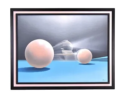 Vintage 1990 Surrealist Modern Train Pool Cue Striking Pool Balls Painting • $395