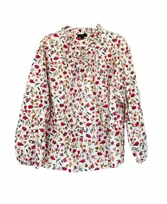 NWOT J.CREW Scalloped Tie Neck Top Size L White Red Floral Cotton Longsleeve • $28