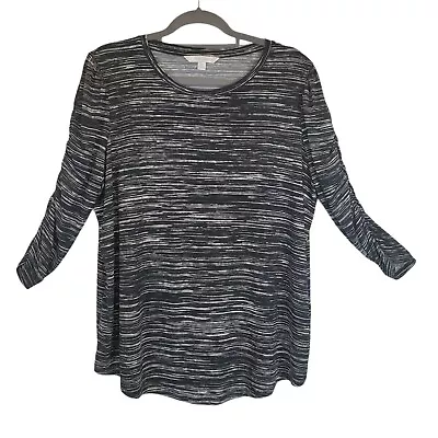 Erin London Tunic Blouson Knit Stretch Ruched Sleeves Top Black White Size Large • $14.39