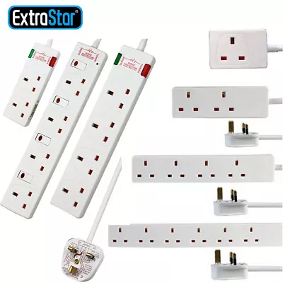 UK Mains Extension Lead Power Cable Electric 1 2 4 6 Gang Way Plug Socket White • £8.09