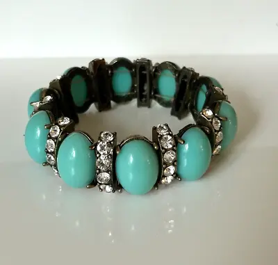 Estate J. Crew Stretch Bracelet Turquoise Glass Cabochons Rhinestone Brass • $14.99