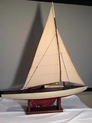 $249 • Buy Vintage Large Pond Boat Hollow Wood Sailing Yacht W/Stand - Two Sails 37”L, 45”T