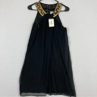 NEW ECI New York Black Gold Embellished 100% Silk Dress Size 2 • $35