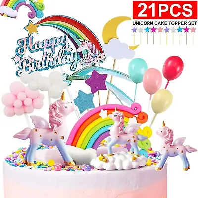 21Pcs/Set Unicorn Cake Topper Kit Cloud Rainbow Happy Birthday Banner Decoration • $17.49