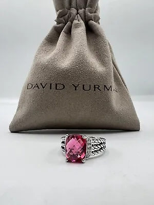 David Yurman Sterling Silver Pink Tourmaline Diamond Petite Wheaton Ring Size 8 • $275