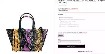 $110 • Buy Coach Mini Crosby 37286 Handbag Carryall In Exotic Embossed Leather Crossbody