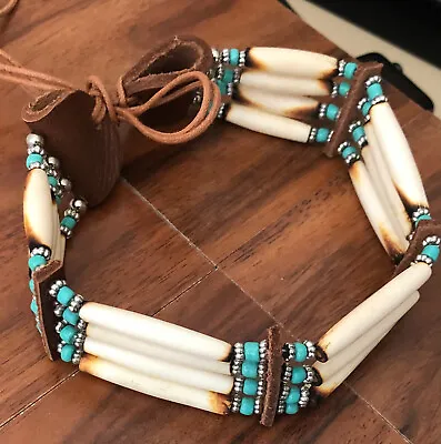 Buffalo Bone 4 Row Tribal Native American Choker Necklace Beaded Turquoise Stone • £16.38