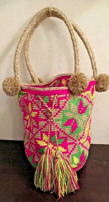 Bag Wayuu Mochila Bucket Boho Colombia Rioacha Pink Yellow Lime Tan White New#84 • $60