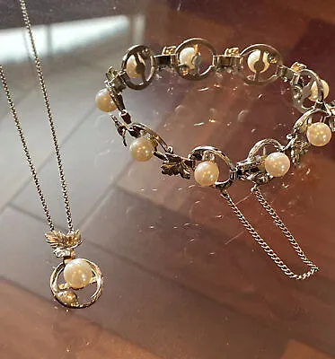 VTG Sterling Silver Akoya Cultured Saltwater Pearl Bracelet & Necklace Set Leaf • $139.99