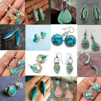 Vintage Turquoise Silver Plated Dangle Earrings For Women Wedding Party Jewelry • $1.85