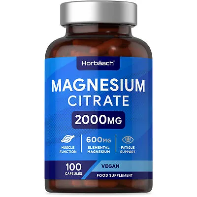 Magnesium Citrate 2000mg | 100 Vegan Capsules | By Horbaach • £12.39