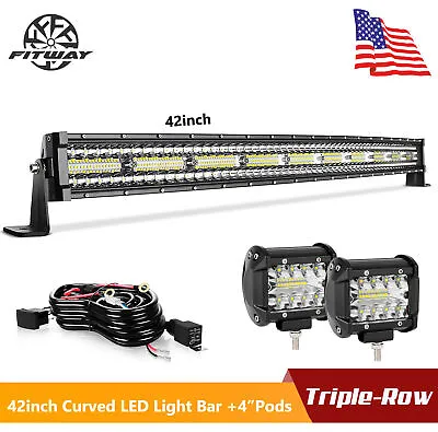 42inch Tri Row Curved LED Light Bar Spot Flood Combo+ 4  Pods Offroad & Wiring • $78.99