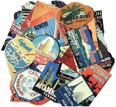 50 X Luggage Suitcase Retro Vinyl Stickers Vintage Hotel Names World Travel  • £7.26