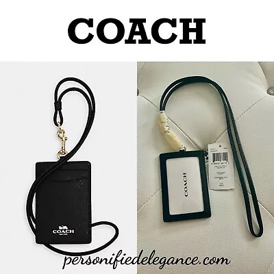 NEW Coach Black Crossgrain Leather ID Lanyard Document Holder $68 • $85.17