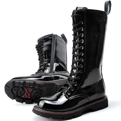 Mens Patent Leather Combat Punk Boots Military Knee High Motorcycle Mid Calf  • $96.47