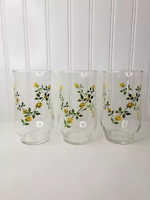 Vintage Set Of 3 Libbey Yellow Rose Vine Water Tumblers Drink Glasses 5.25” Tall • $14.95