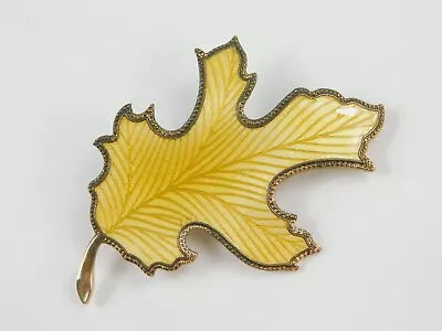 Vintage Yellow Guilloche Enamel Oak Leaf Brooch Pin 2.5  By 1.5  Gold Tone • $34.99