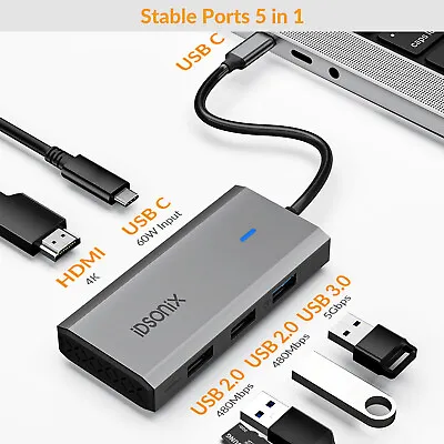 USB C Hub IDsonix 5in1 USB C Docking Station 4K HDMI 60W PD USB 3.0 USB C Dock • $12.99