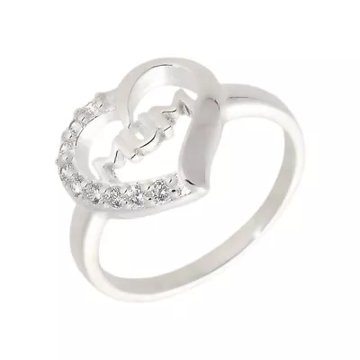 New Sterling Silver Cubic Zirconia Mum Heart Ring Size: M Silver For Her • £46.49