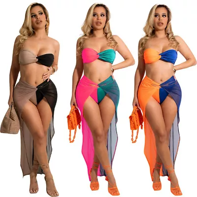 Summer Sexy Women Color Block Off Shoulder Mesh Side Slit Beach Midi Dress 2pcs • $23.66