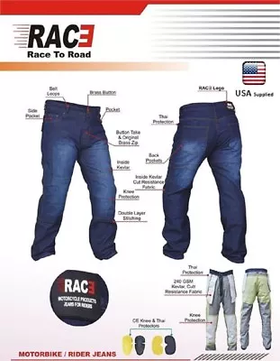 Motorcycle Motorbike Denim Jeans Trouser Protective Armored Lining Blue RAC3 New • $69.99