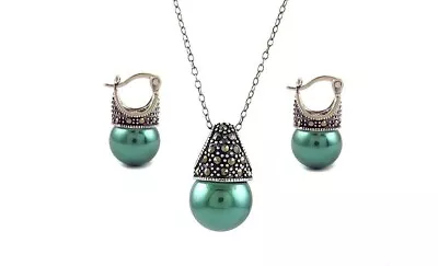 Solid 925 Sterling Silver Genuine Marcasite Green Pearl Earring & Necklace Set • $19.99