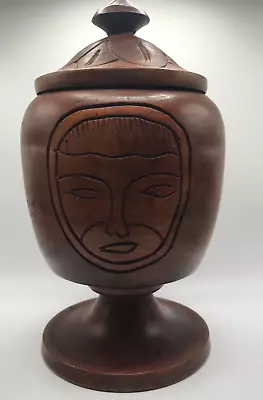 Boho Vase Canister Tribal Face Floral Hand Carved Wood Pedestal Vase With Lid • $40