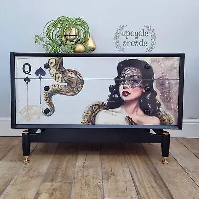 £625 • Buy E Gomme G Plan China White Drawers MCM With Queen Of Spades Decoupage Black