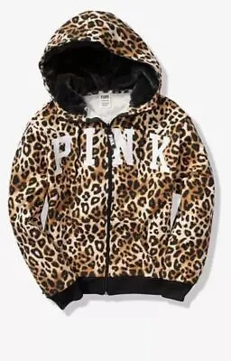 Victoria's Secret Pink Faux Fur Lined Hood Slouchy Full Zip Leopard Cheetah M • $69.99