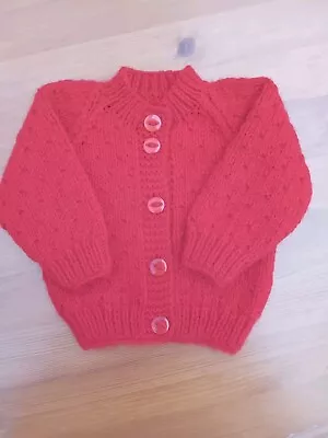 Hand Knitted Red Baby Cardigan 0-3 Months • £6
