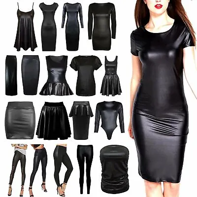 £7.95 • Buy Women Ladies PU PVC Wet Leather Look Bodycon Dress Tunic Top Skirt Leggings 8-26