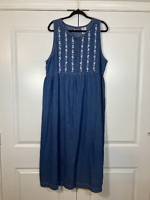 Vintage 90s Chore Dress Denim Maxi Embroidered Flowers Floral Dead Stock XL • $35