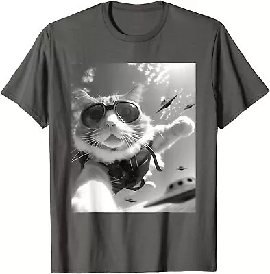Funny Skydiving Cat Selfie With Alien UFOs Gift Unisex T-Shirt • $19.99