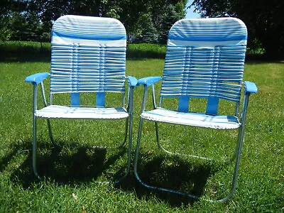 Lot Of 2 Jelly Vinyl Tube Folding Lawn Chairs Beach Deck Pool Plastic Blue White • $50