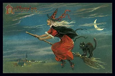 Halloween Witch And Her Cat Flying On Broomstick Vintage Poster Repro FREE S/H • $17.90
