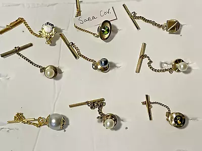 Lot Of 9 Vintage Men’s Tie Tack Pins Faux Pearl Polished Stone WITH Chains • $13.55