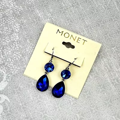 MONET Blue Rhinestone Earrings Dangle Drop Prom Wedding Collection • $8.99