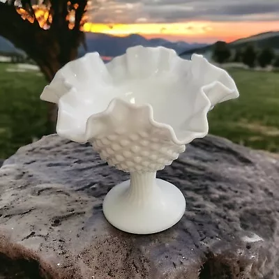 Vintage Fenton Milk Glass Pedestal Compote With Crimped And Ruffled Edge • $16.99