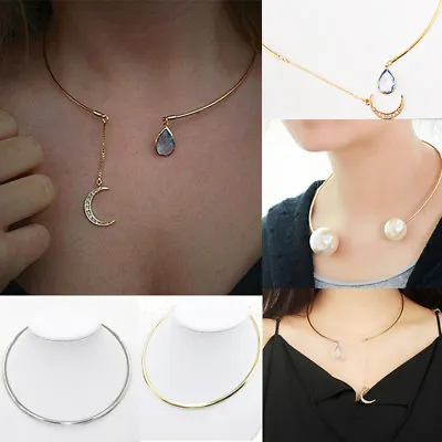 Women Girl Moon Water Drop Pearl Choker Collar Hoop Open Cuff Necklace Jewelry • $3.59