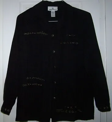 Erin London Womens Small Faux Suede Shirt L/S Button Up Black Tribal Embellished • $6.59