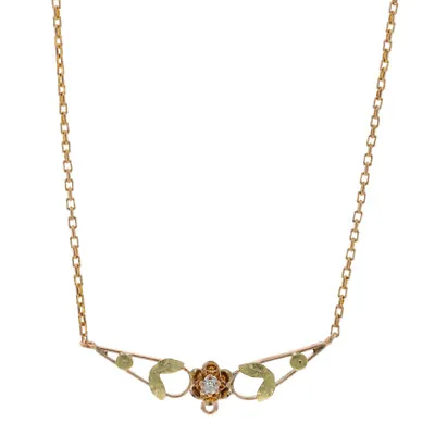 Yellow Gold Diamond Edwardian Flower Solitaire Necklace 15 3/4  10k 14k Antique • £289.13
